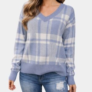 Christian Siriano V-Neck Long Sleeve Plaid Pullover Sweater Size L